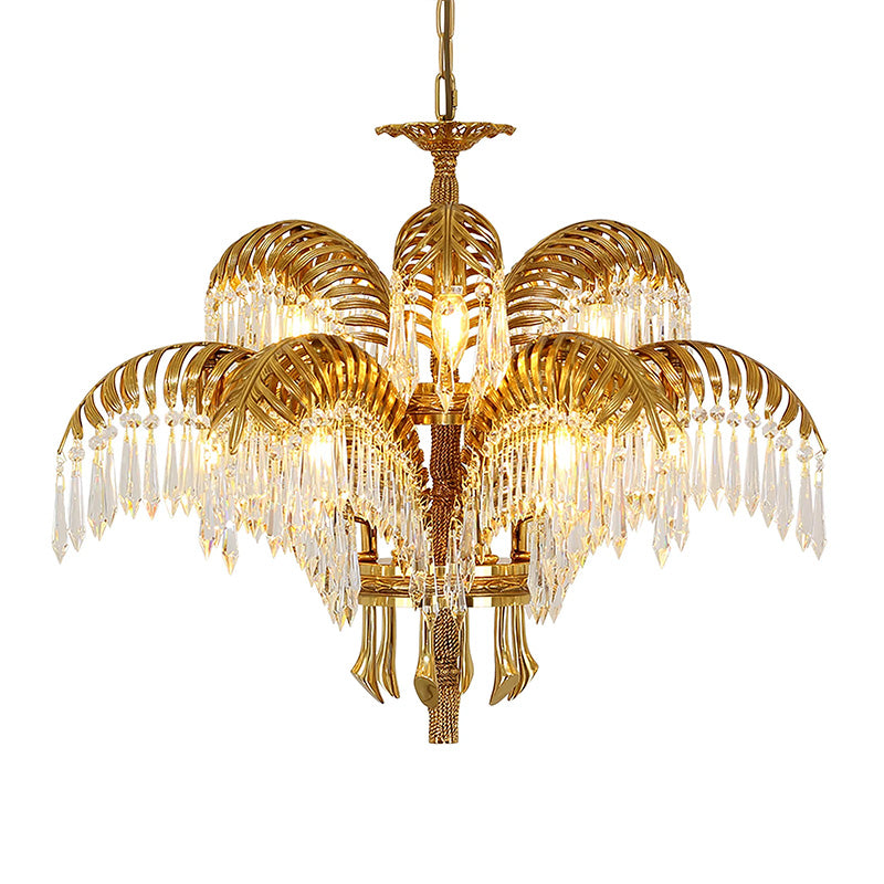 Brass Palm Leaf Crystal Chandelier - Luxury Tropical K9 Crystal Statement Light