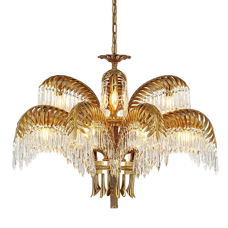 Brass Palm Leaf Crystal Chandelier - Luxury Tropical K9 Crystal Statement Light