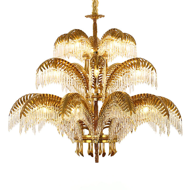 Brass Palm Leaf Crystal Chandelier - Luxury Tropical K9 Crystal Statement Light