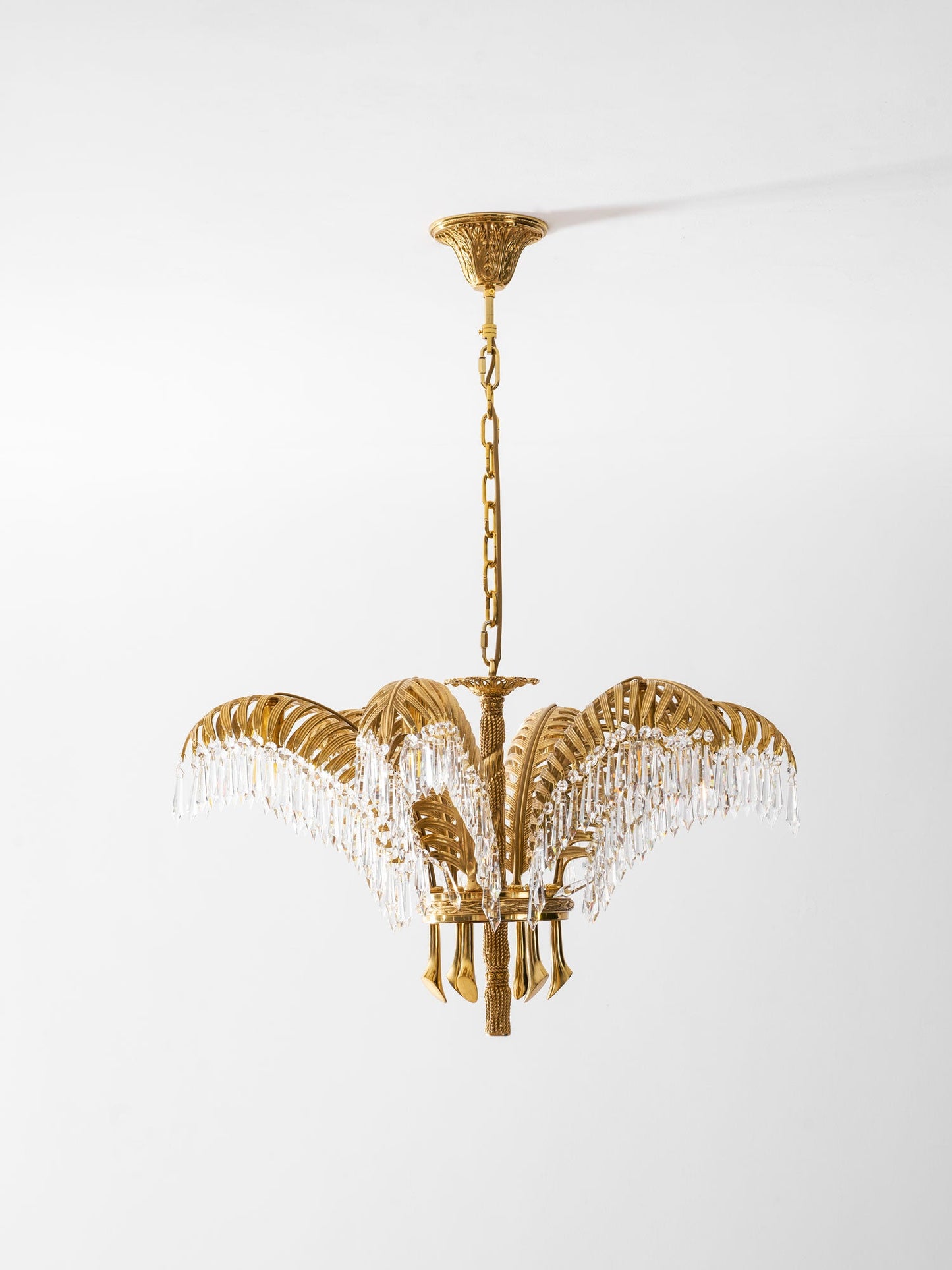 Brass Palm Leaf Crystal Chandelier - Luxury Tropical K9 Crystal Statement Light