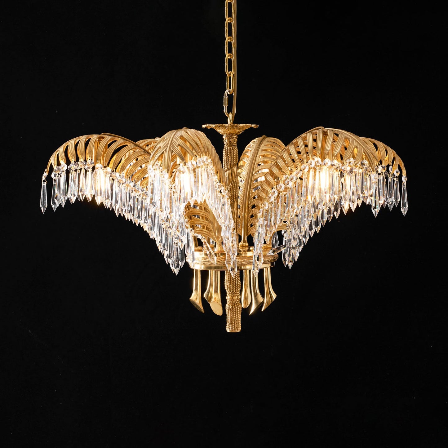 Brass Palm Leaf Crystal Chandelier - Luxury Tropical K9 Crystal Statement Light