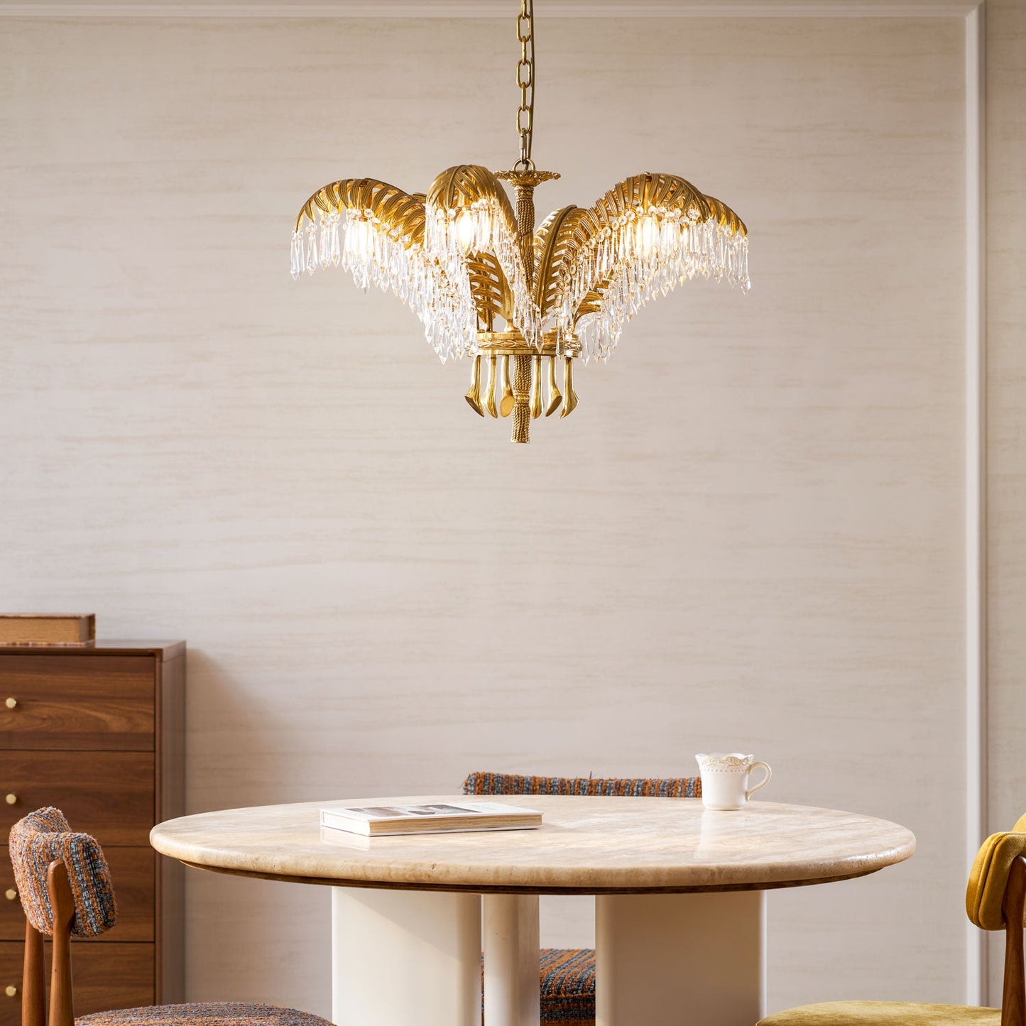 Brass Palm Leaf Crystal Chandelier - Luxury Tropical K9 Crystal Statement Light