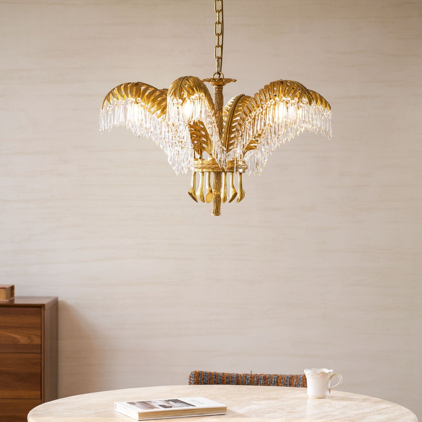 Brass Palm Leaf Crystal Chandelier - Luxury Tropical K9 Crystal Statement Light