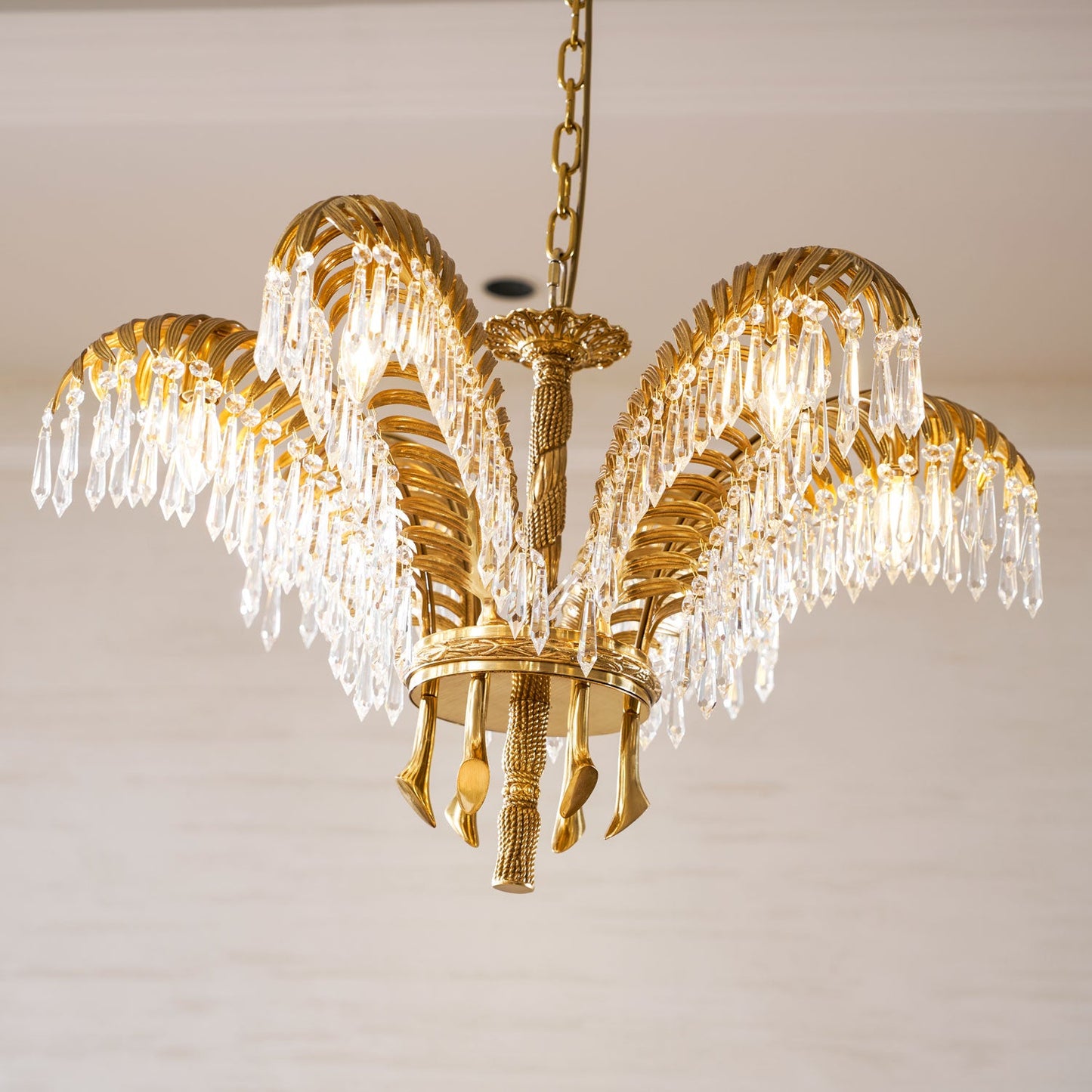Brass Palm Leaf Crystal Chandelier - Luxury Tropical K9 Crystal Statement Light