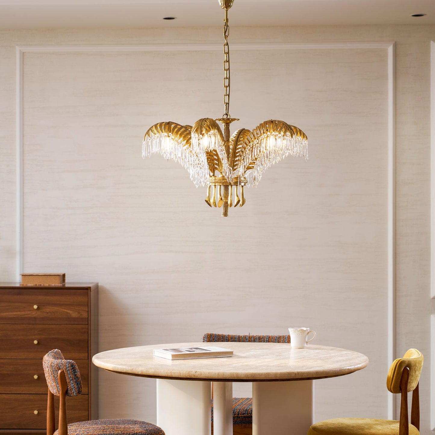 Brass Palm Leaf Crystal Chandelier - Luxury Tropical K9 Crystal Statement Light