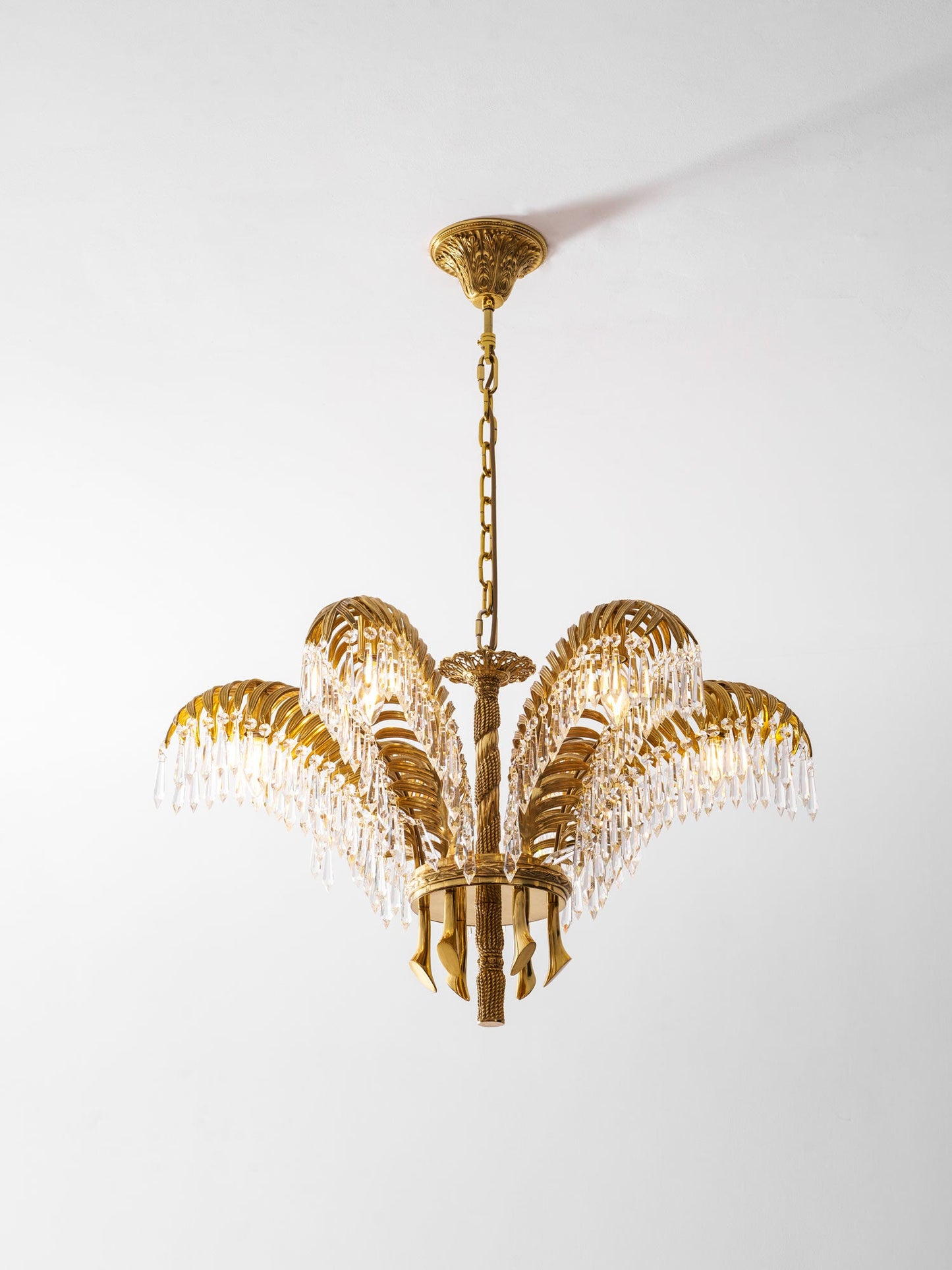 Brass Palm Leaf Crystal Chandelier - Luxury Tropical K9 Crystal Statement Light
