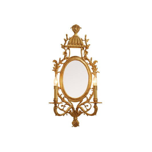 Brass Carved Mirror Wall Lamp - Luxury Antique Brass & Mirror 2-Light Sconc
