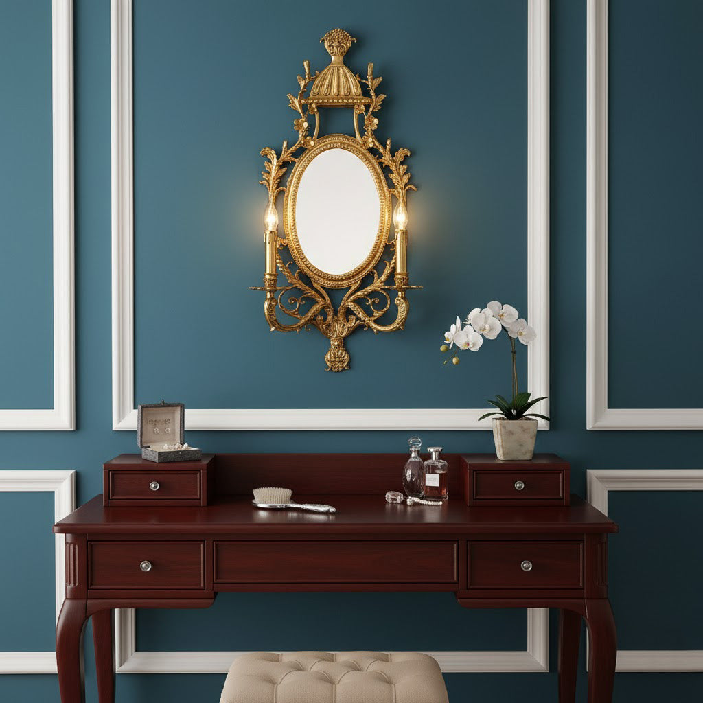 Brass Carved Mirror Wall Lamp - Luxury Antique Brass & Mirror 2-Light Sconc