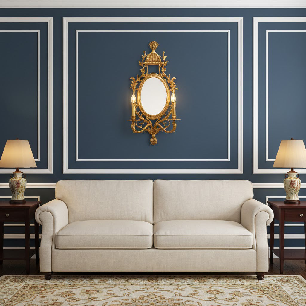 Brass Carved Mirror Wall Lamp - Luxury Antique Brass & Mirror 2-Light Sconc