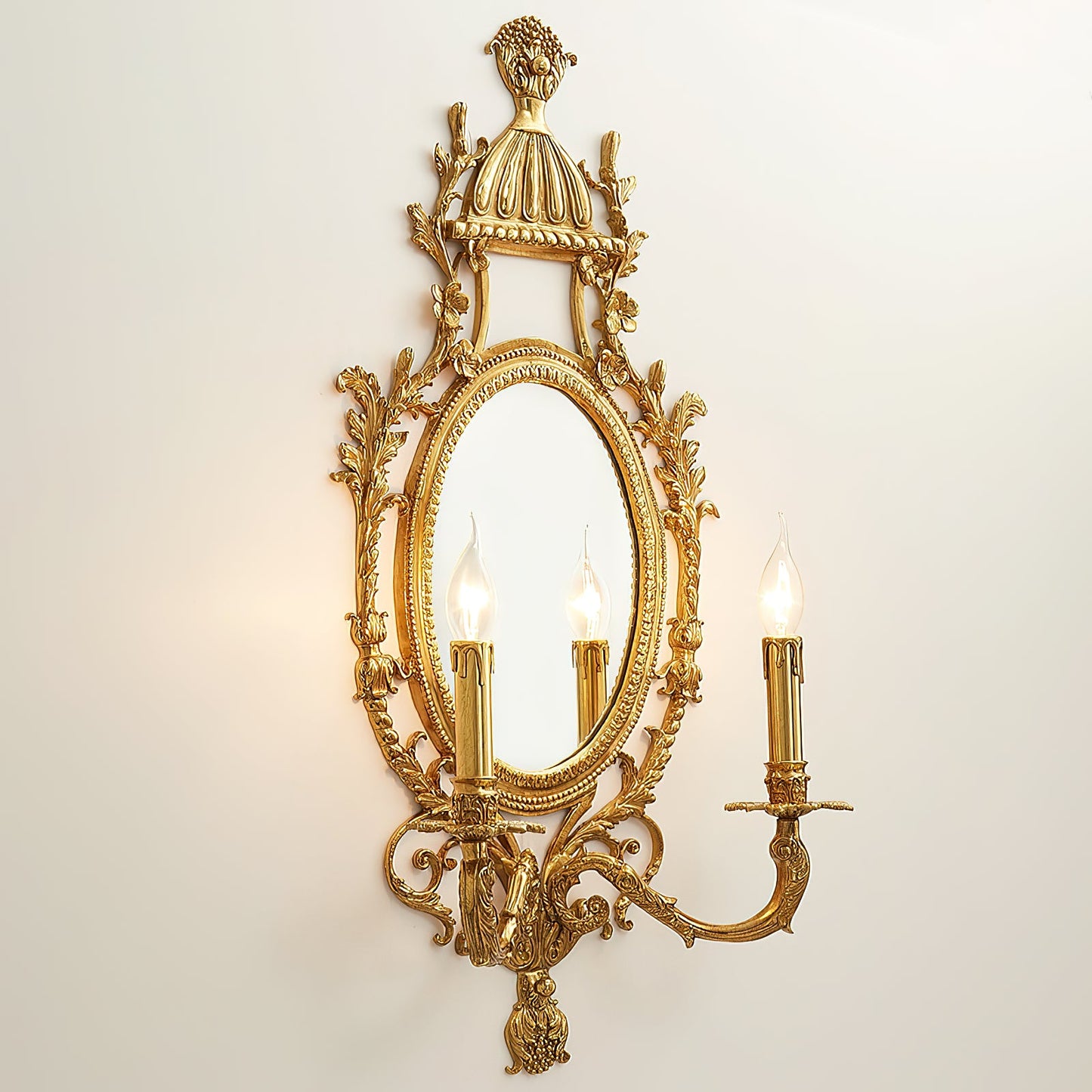 Brass Carved Mirror Wall Lamp - Luxury Antique Brass & Mirror 2-Light Sconc