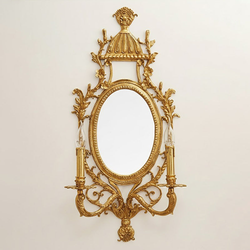 Brass Carved Mirror Wall Lamp - Luxury Antique Brass & Mirror 2-Light Sconc