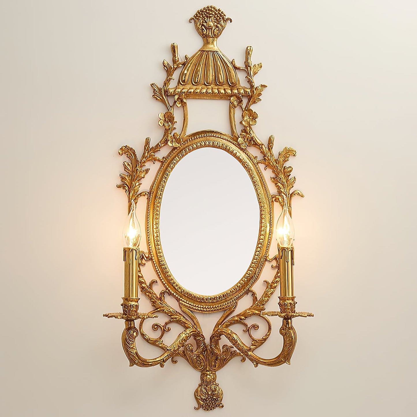 Brass Carved Mirror Wall Lamp - Luxury Antique Brass & Mirror 2-Light Sconc