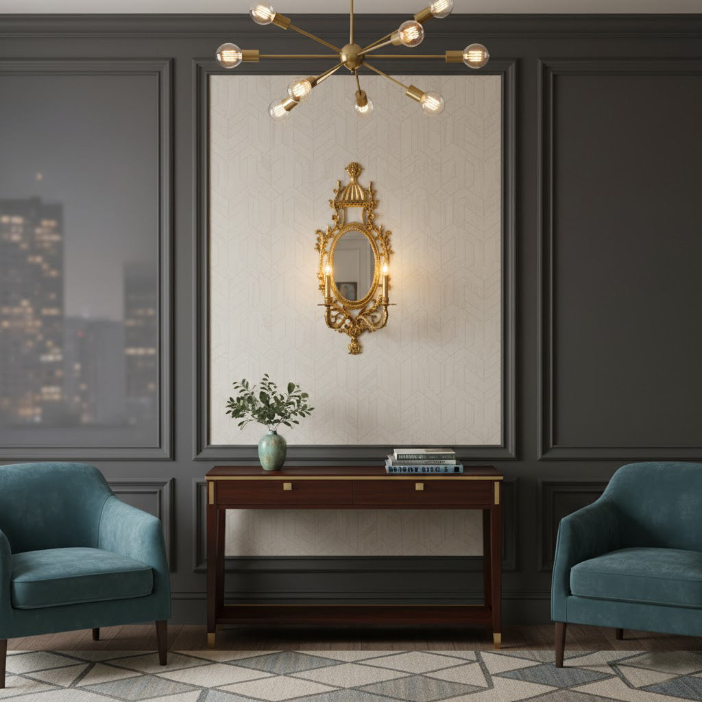 Brass Carved Mirror Wall Lamp - Luxury Antique Brass & Mirror 2-Light Sconc