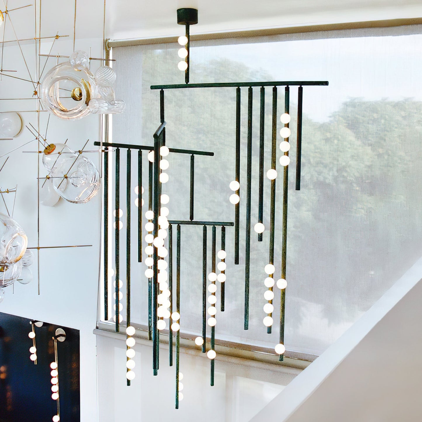 Brass Drop System Chandelier - Modern Organic Blown Glass Orb Chandelier