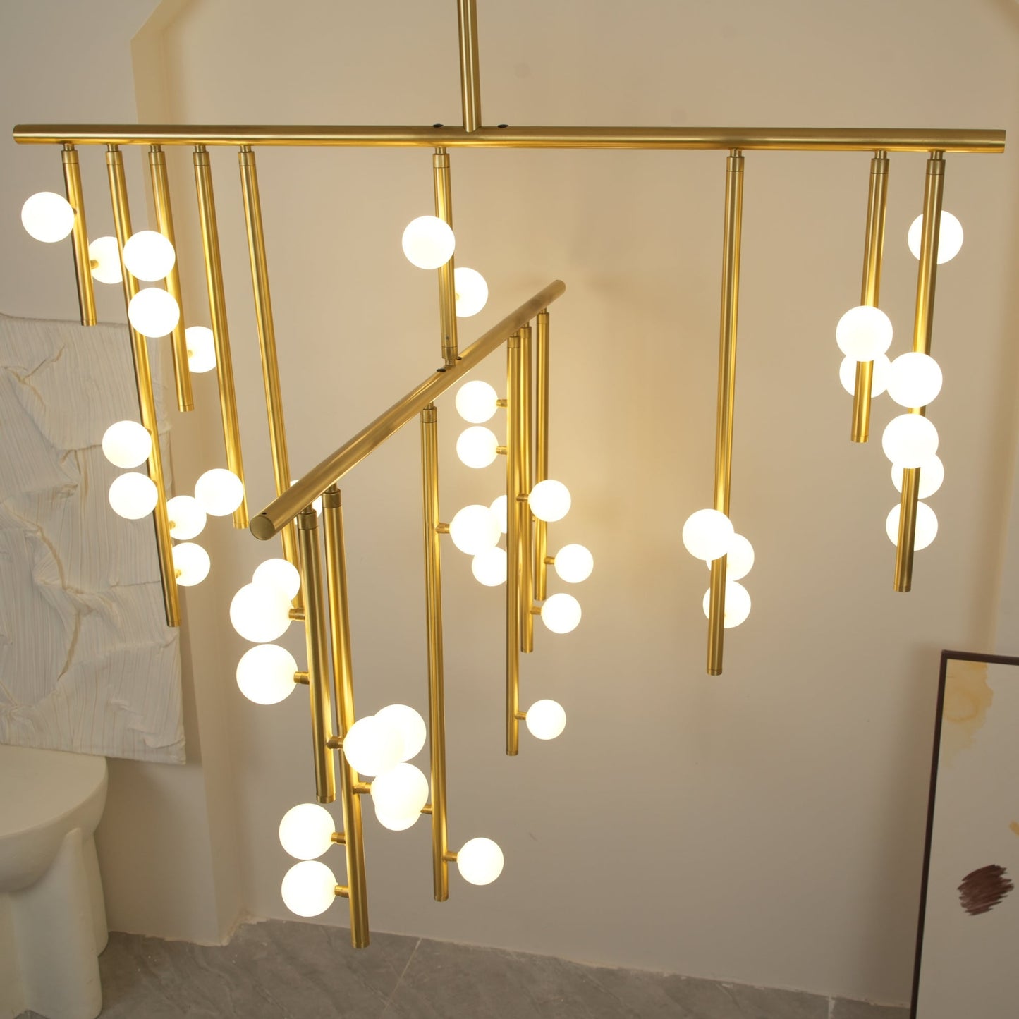 Brass Drop System Chandelier - Modern Organic Blown Glass Orb Chandelier