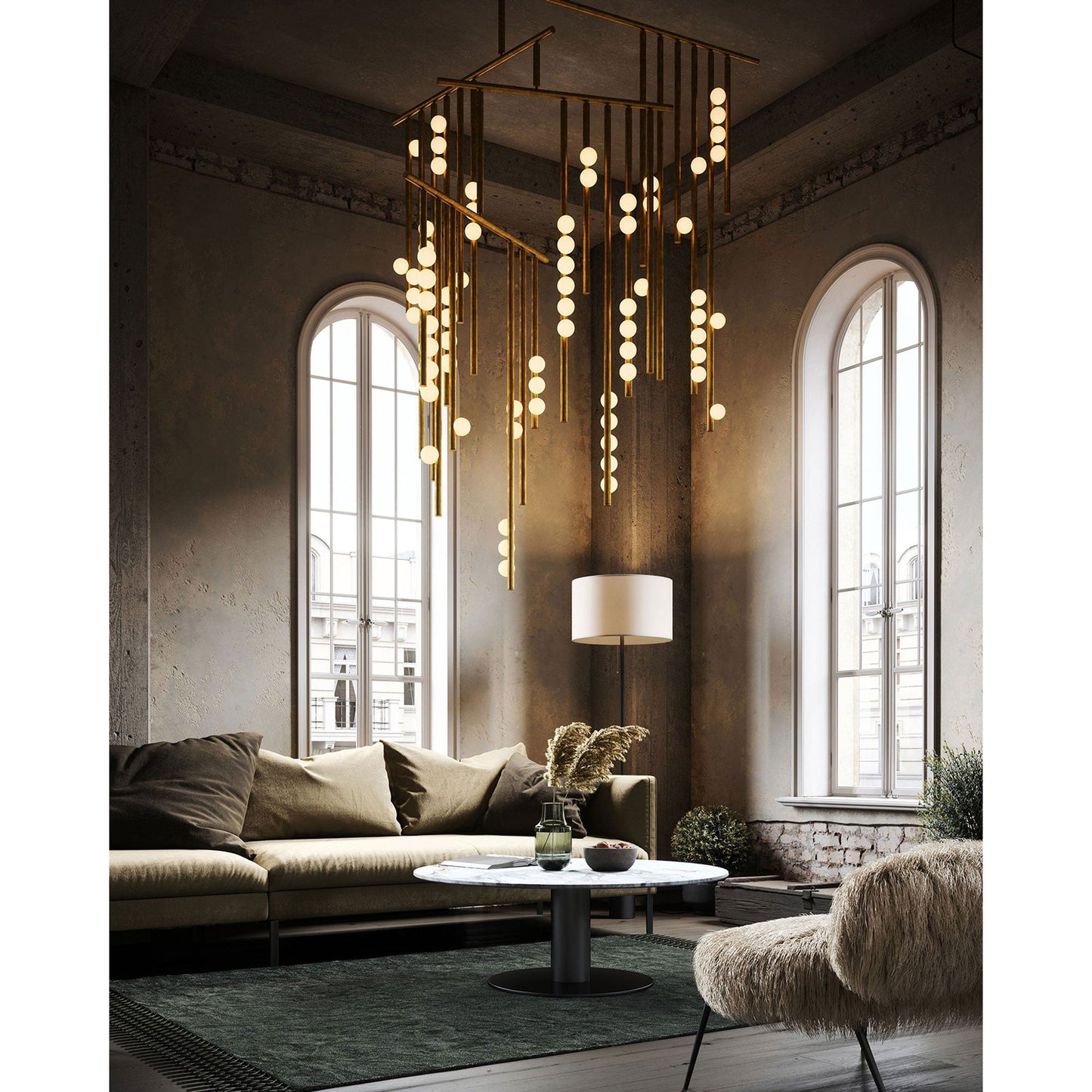 Brass Drop System Chandelier - Modern Organic Blown Glass Orb Chandelier
