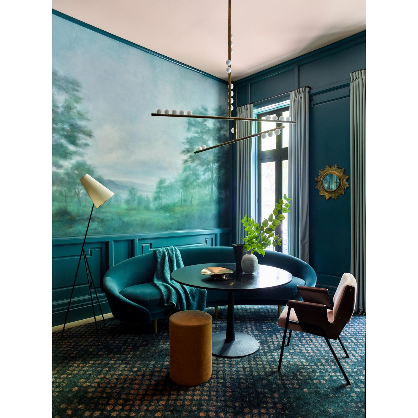 Brass Drop System Chandelier - Modern Organic Blown Glass Orb Chandelier