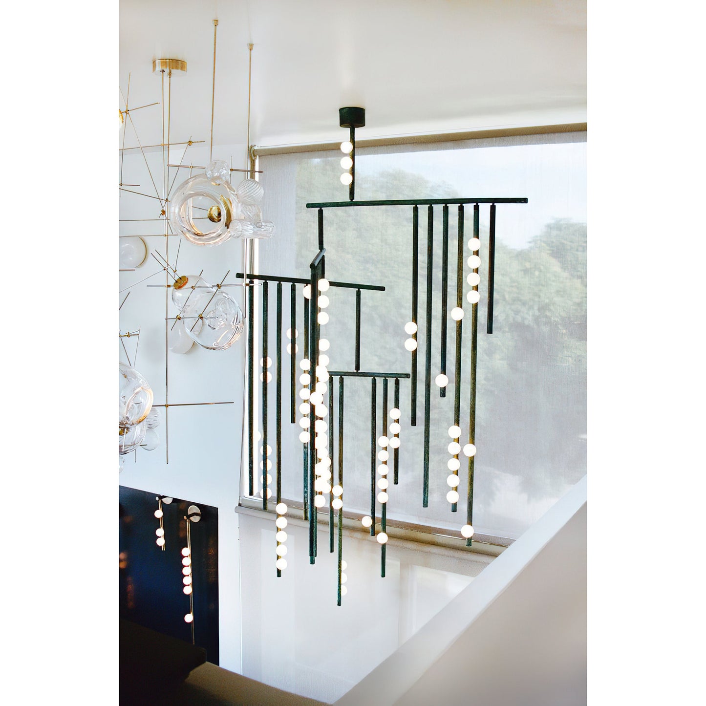 Brass Drop System Chandelier - Modern Organic Blown Glass Orb Chandelier