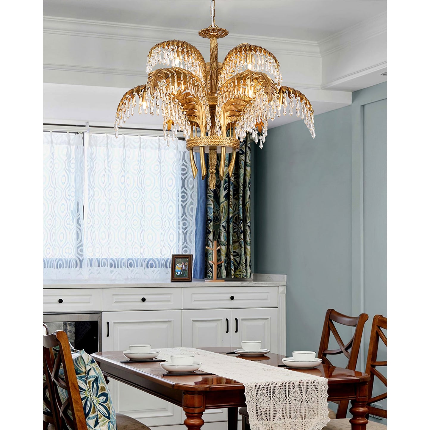 Brass Palm Leaf Crystal Chandelier - Luxury Tropical K9 Crystal Statement Light