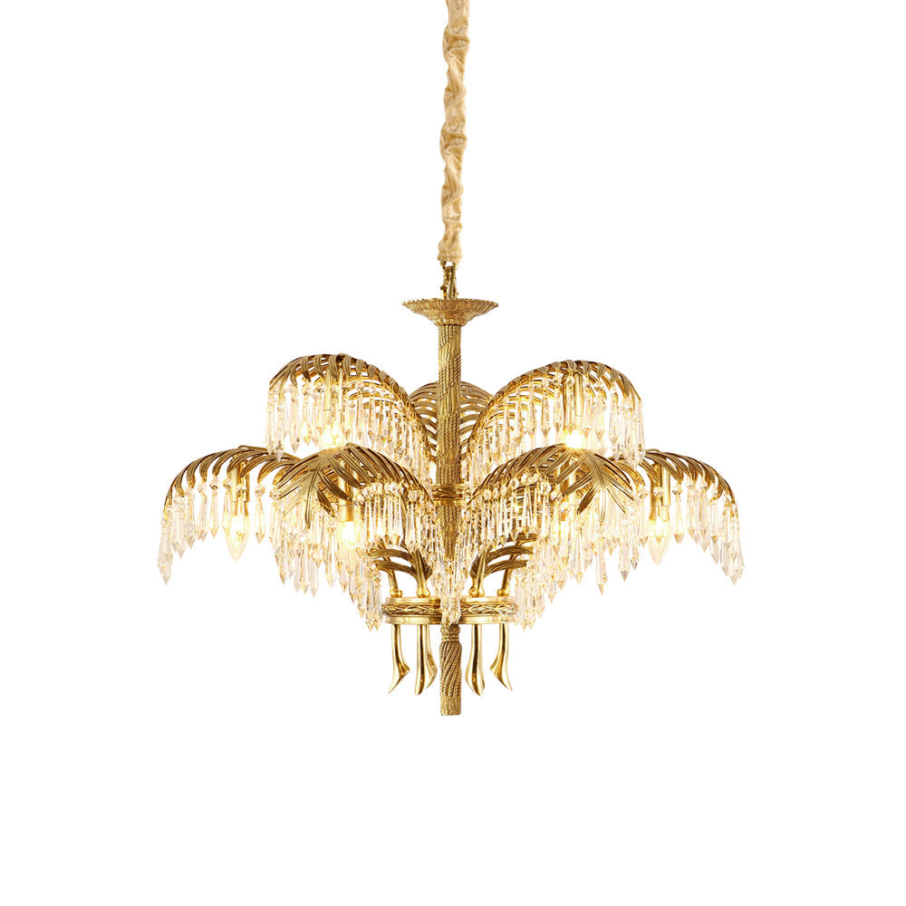 Brass Palm Leaf Crystal Chandelier - Luxury Tropical K9 Crystal Statement Light