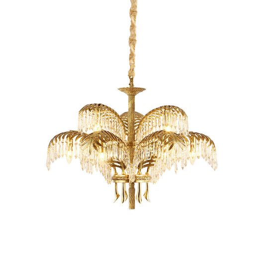 Brass Palm Leaf Crystal Chandelier - Luxury Tropical K9 Crystal Statement Light