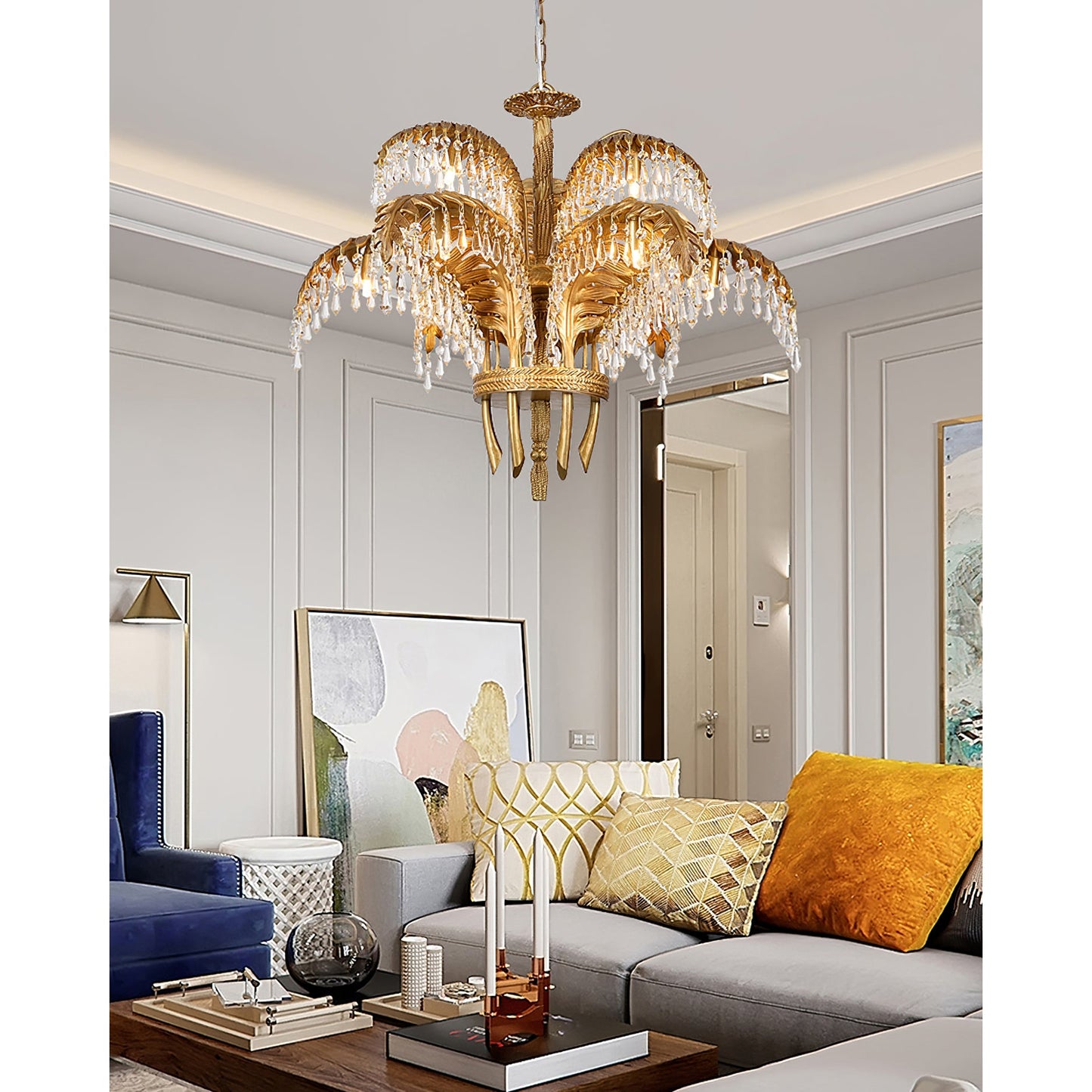 Brass Palm Leaf Crystal Chandelier - Luxury Tropical K9 Crystal Statement Light