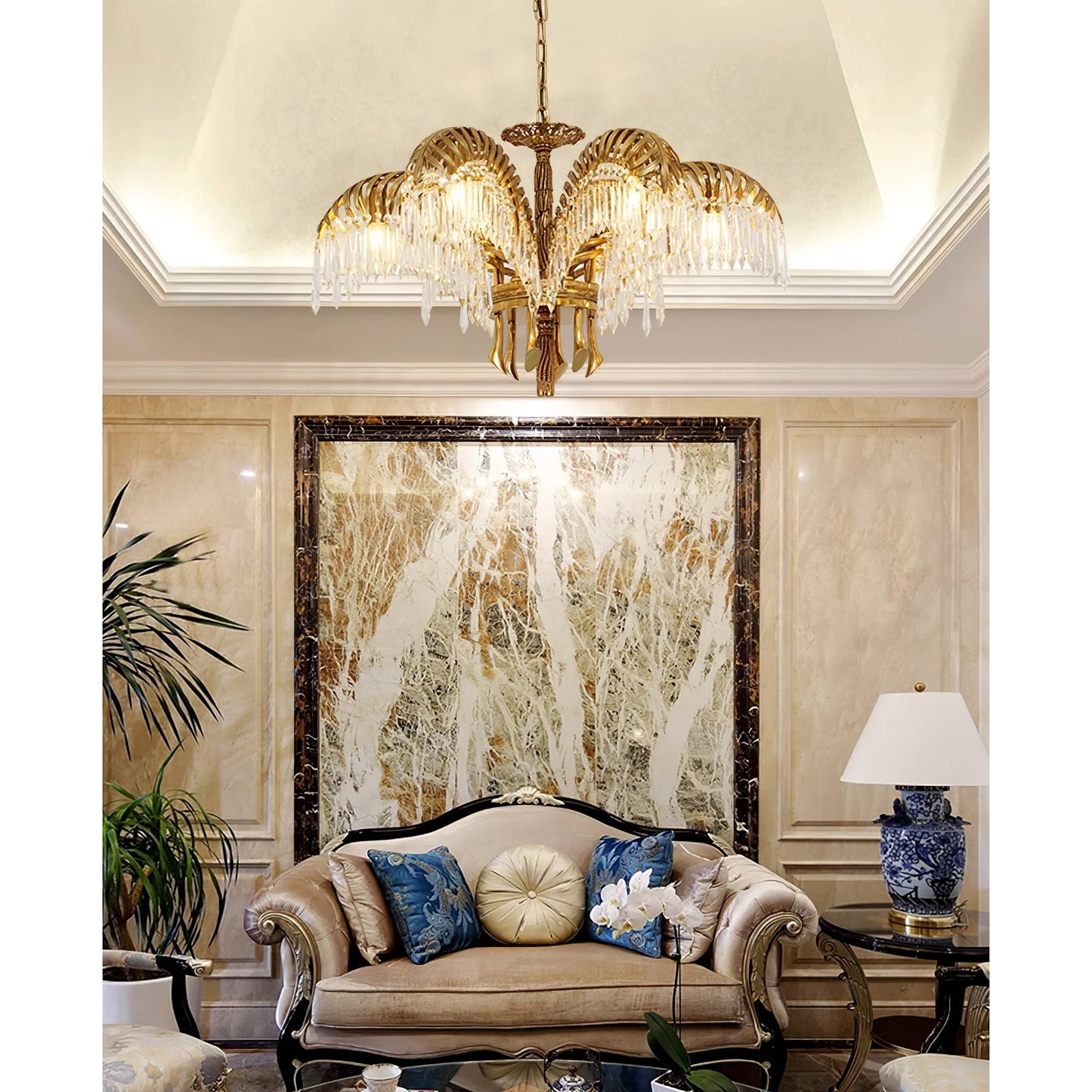 Brass Palm Leaf Crystal Chandelier - Luxury Tropical K9 Crystal Statement Light