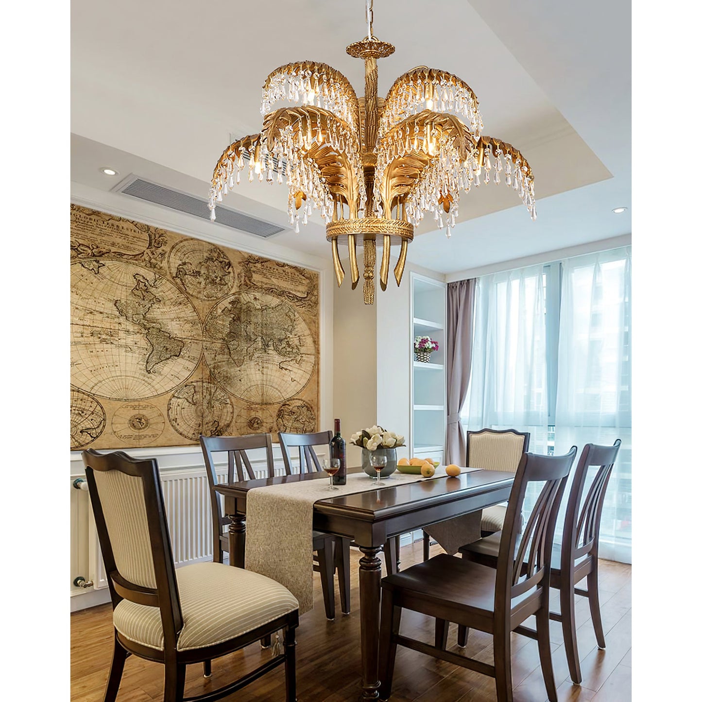 Brass Palm Leaf Crystal Chandelier - Luxury Tropical K9 Crystal Statement Light