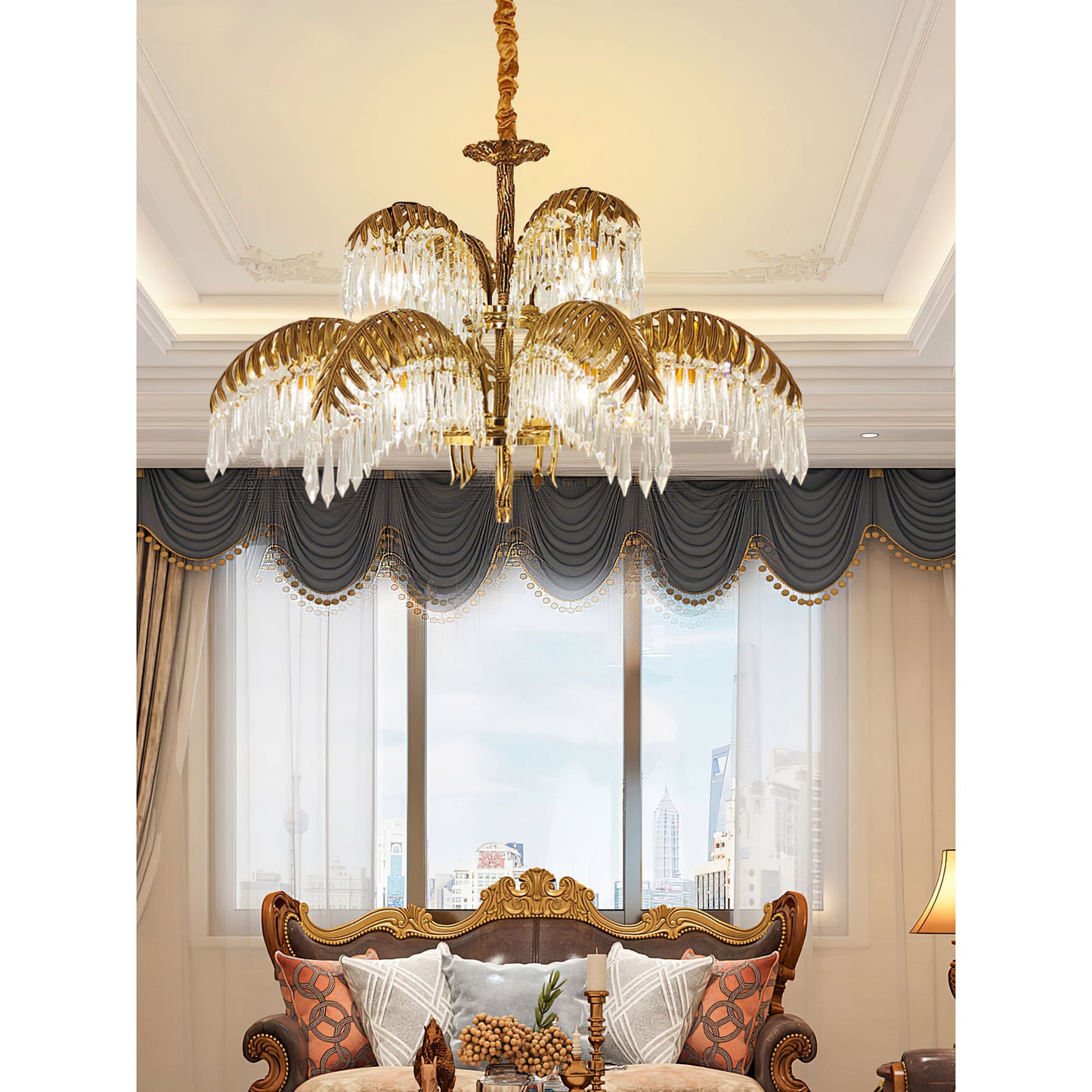 Brass Palm Leaf Crystal Chandelier - Luxury Tropical K9 Crystal Statement Light