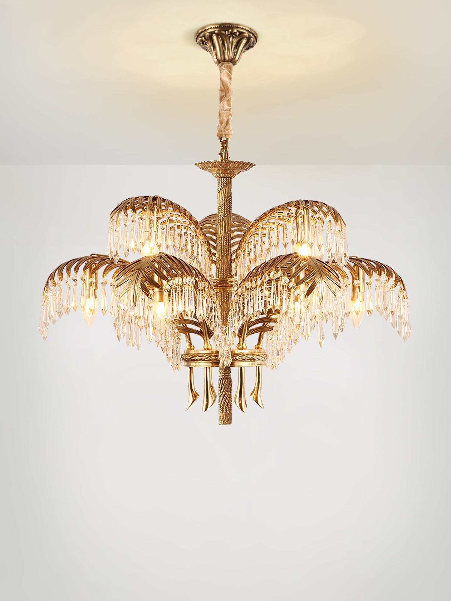 Brass Palm Leaf Crystal Chandelier - Luxury Tropical K9 Crystal Statement Light