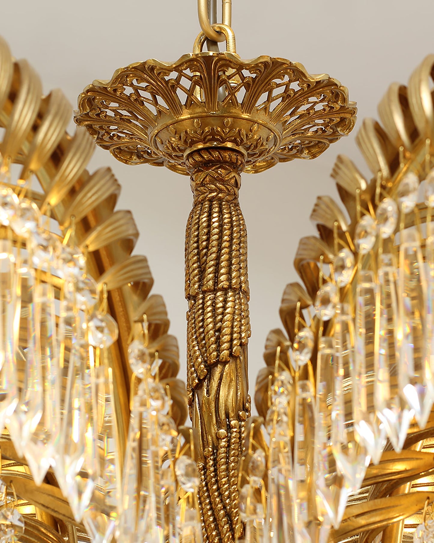 Brass Palm Leaf Crystal Chandelier - Luxury Tropical K9 Crystal Statement Light