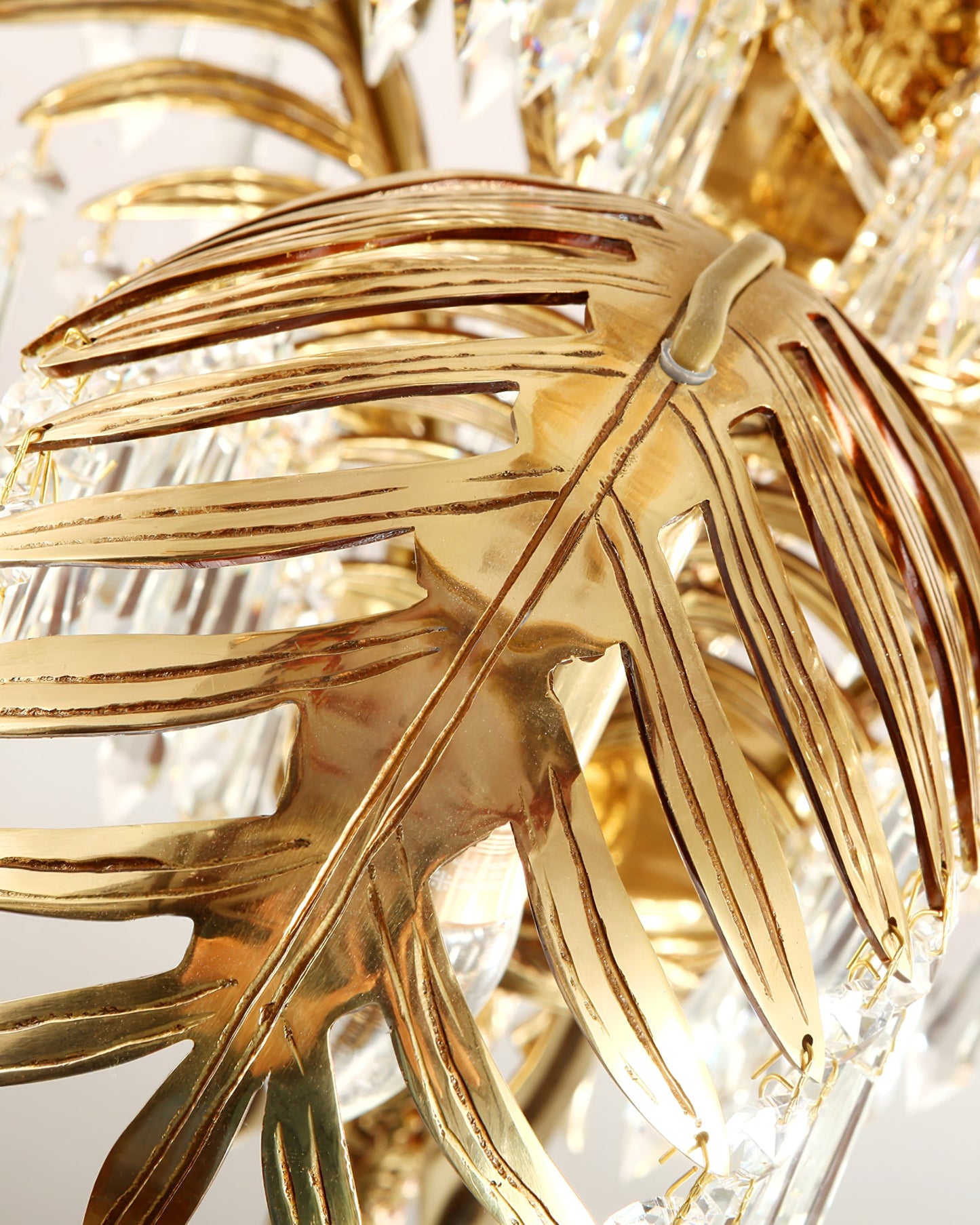 Brass Palm Leaf Crystal Chandelier - Luxury Tropical K9 Crystal Statement Light