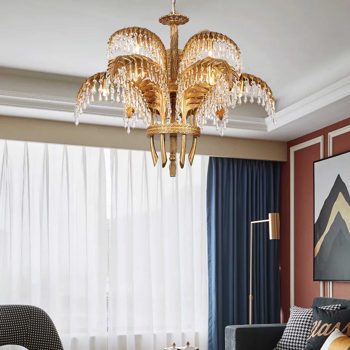 Brass Palm Leaf Crystal Chandelier - Luxury Tropical K9 Crystal Statement Light