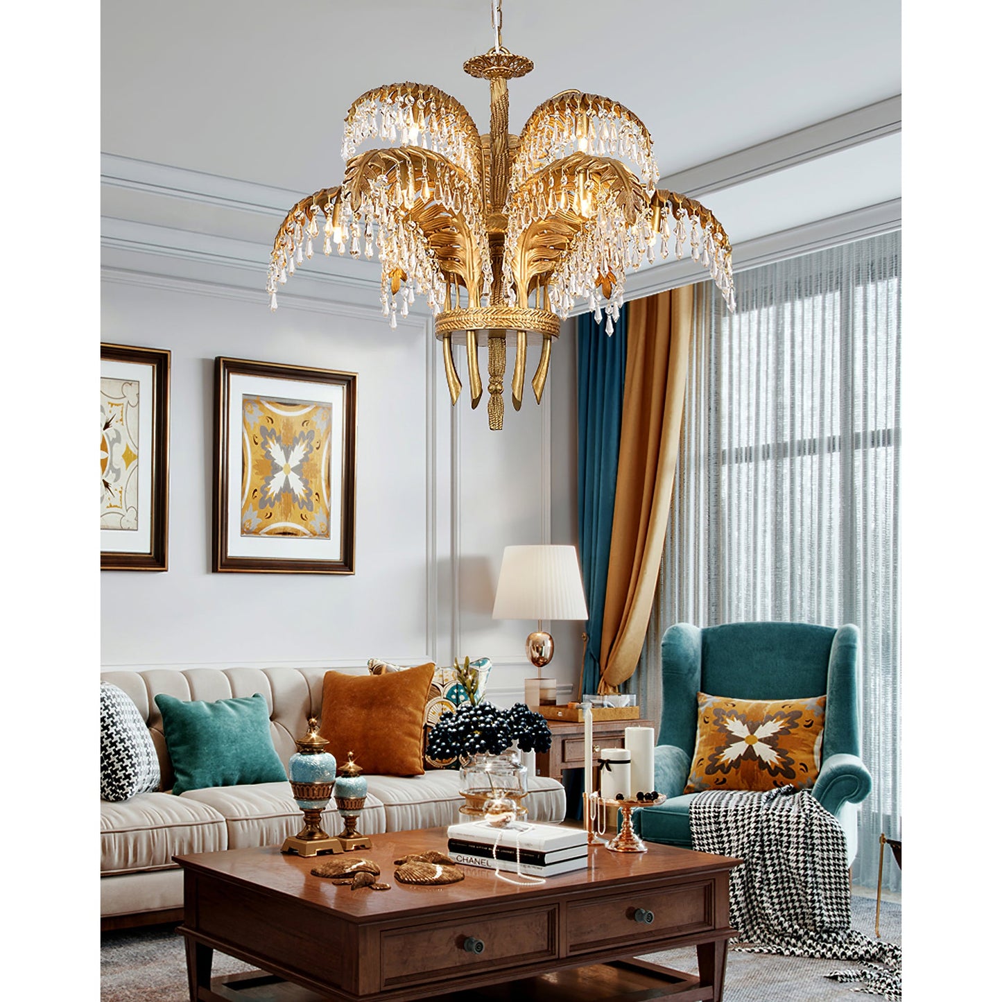 Brass Palm Leaf Crystal Chandelier - Luxury Tropical K9 Crystal Statement Light