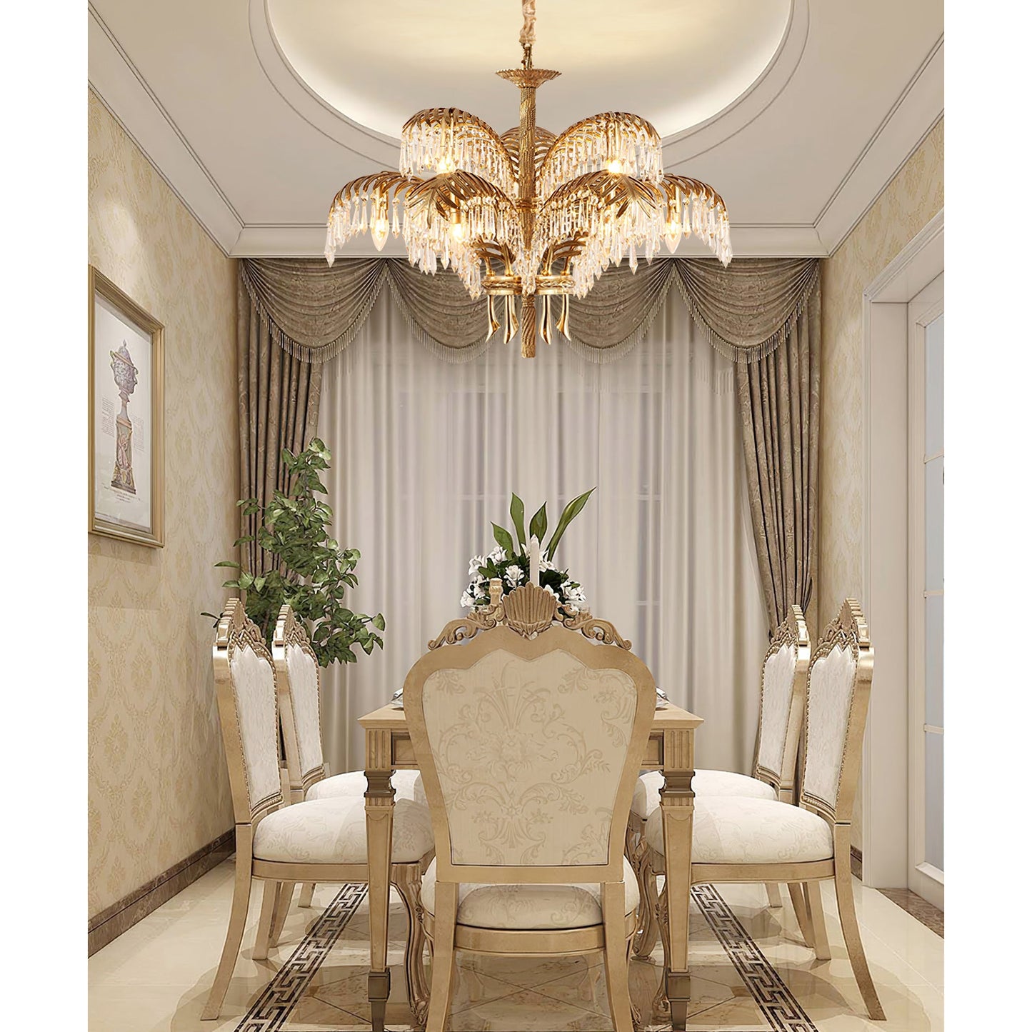 Brass Palm Leaf Crystal Chandelier - Luxury Tropical K9 Crystal Statement Light