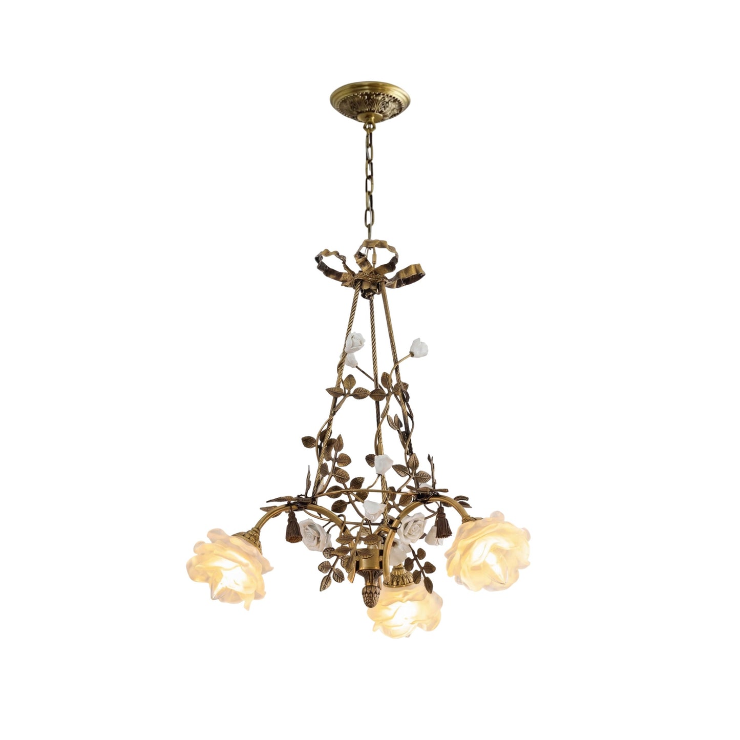 Briar Rose Chandelier - Vintage Brass Vine & Ceramic Floral Glass Chandelier