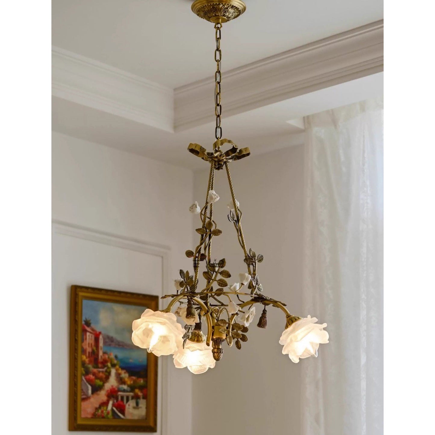 Briar Rose Chandelier - Vintage Brass Vine & Ceramic Floral Glass Chandelier