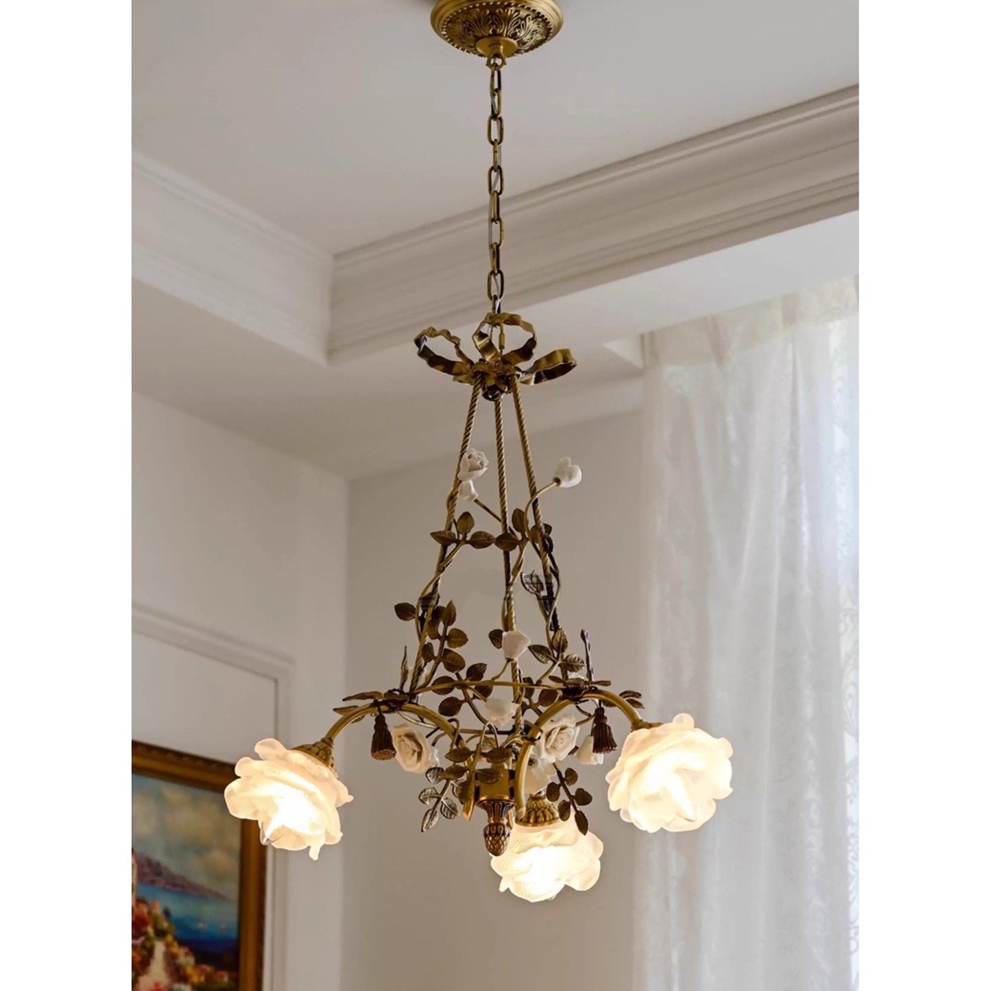 Briar Rose Chandelier - Vintage Brass Vine & Ceramic Floral Glass Chandelier
