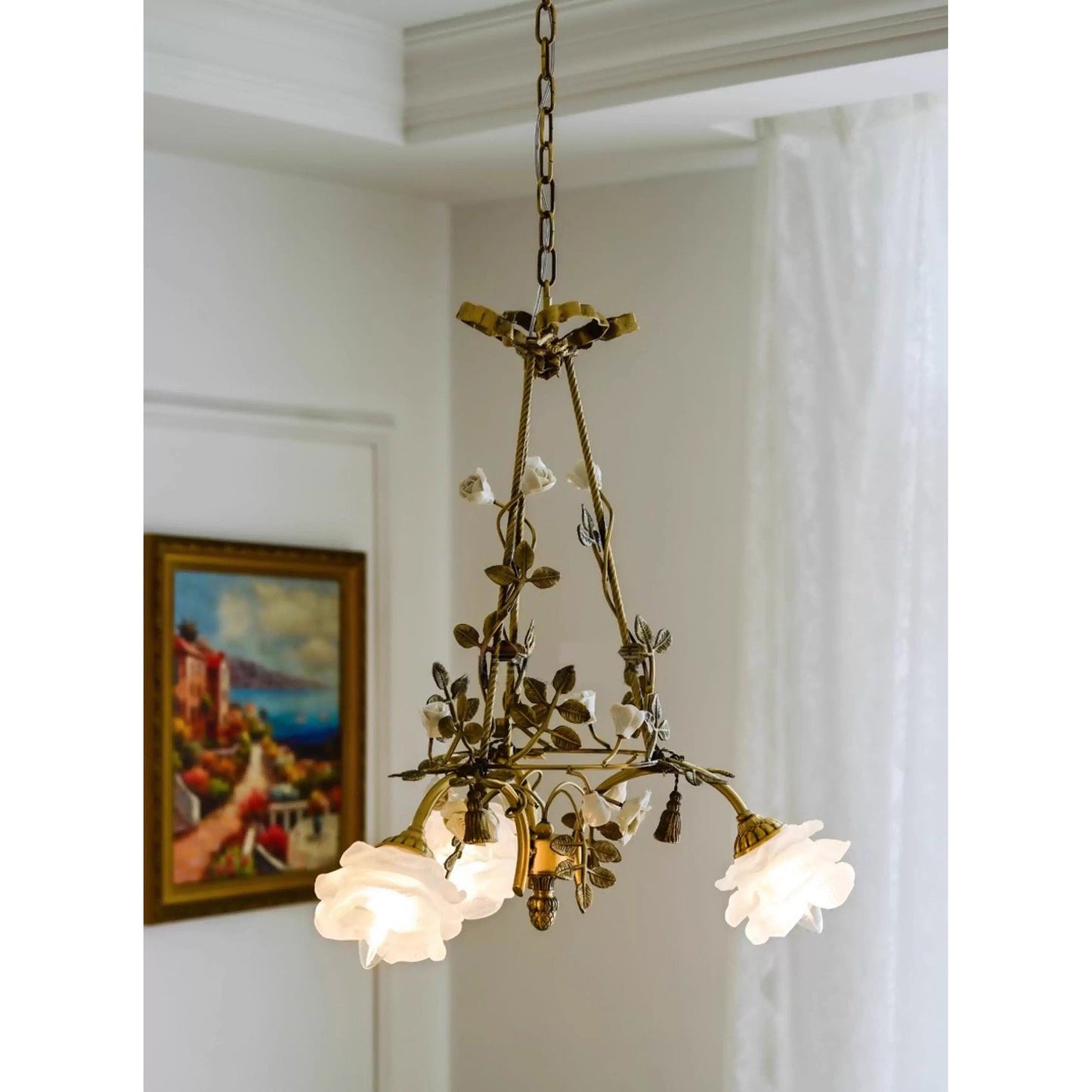 Briar Rose Chandelier - Vintage Brass Vine & Ceramic Floral Glass Chandelier