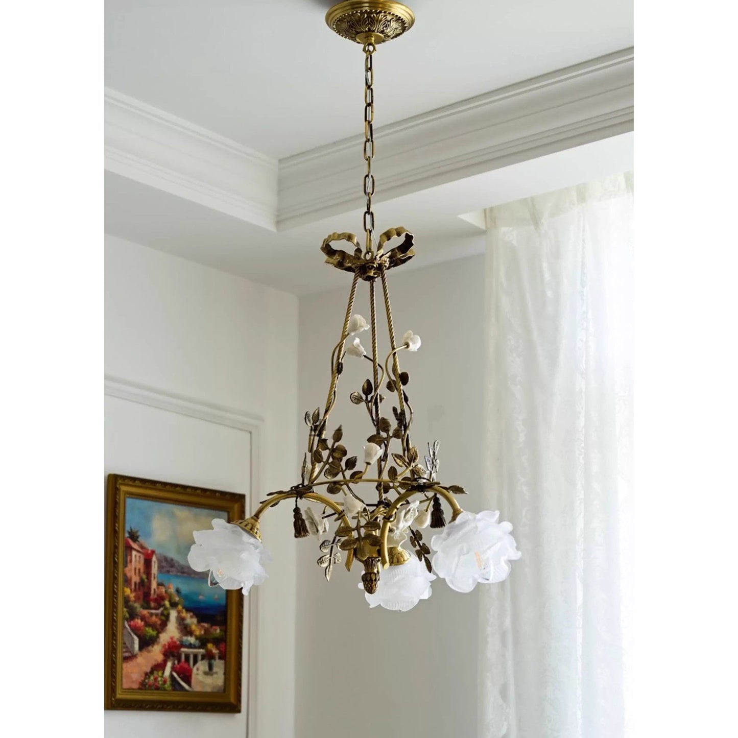 Briar Rose Chandelier - Vintage Brass Vine & Ceramic Floral Glass Chandelier