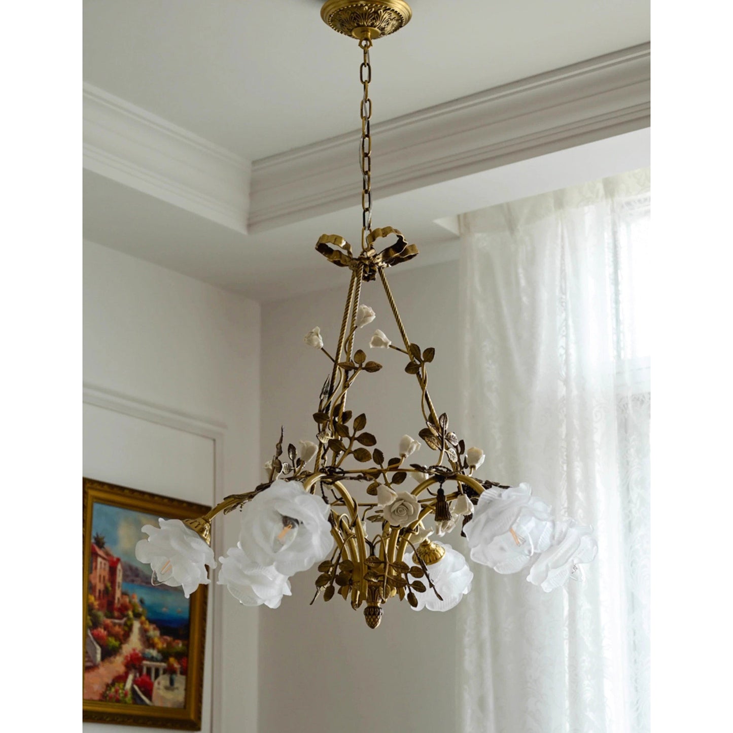 Briar Rose Chandelier - Vintage Brass Vine & Ceramic Floral Glass Chandelier