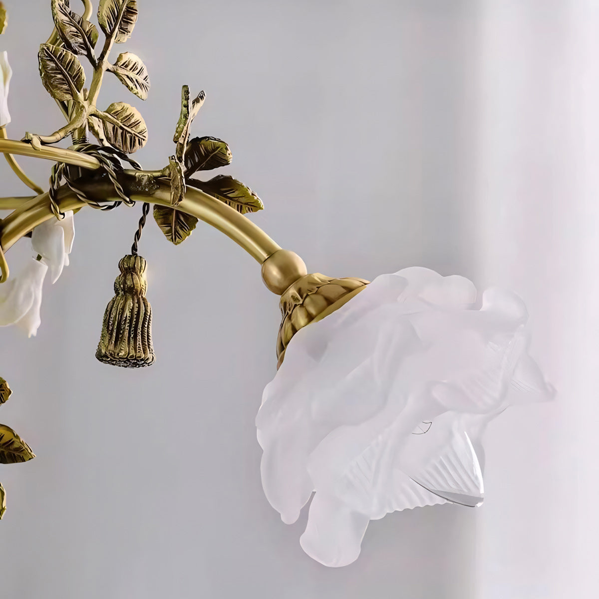 Briar Rose Chandelier - Vintage Brass Vine & Ceramic Floral Glass Chandelier