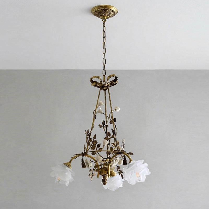 Briar Rose Chandelier - Vintage Brass Vine & Ceramic Floral Glass Chandelier