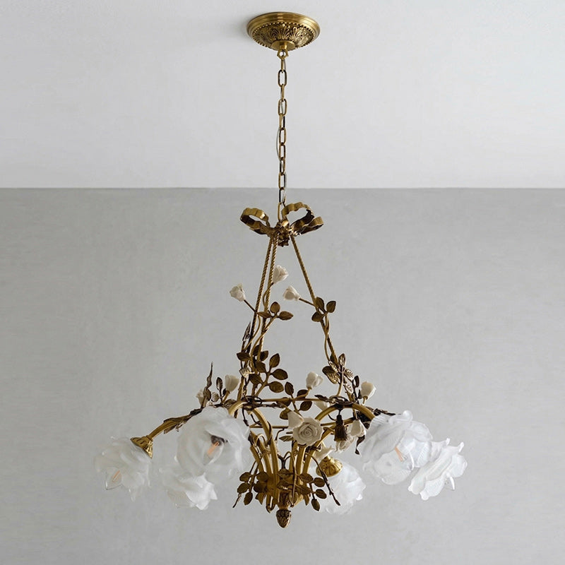 Briar Rose Chandelier - Vintage Brass Vine & Ceramic Floral Glass Chandelier