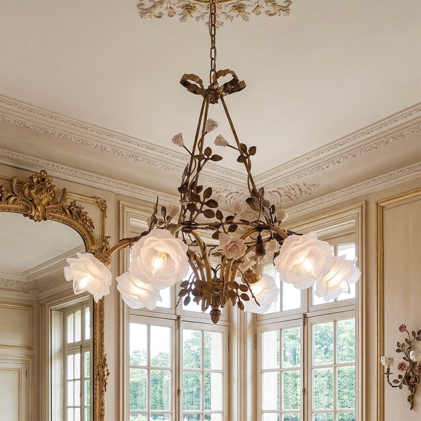 Briar Rose Chandelier - Vintage Brass Vine & Ceramic Floral Glass Chandelier