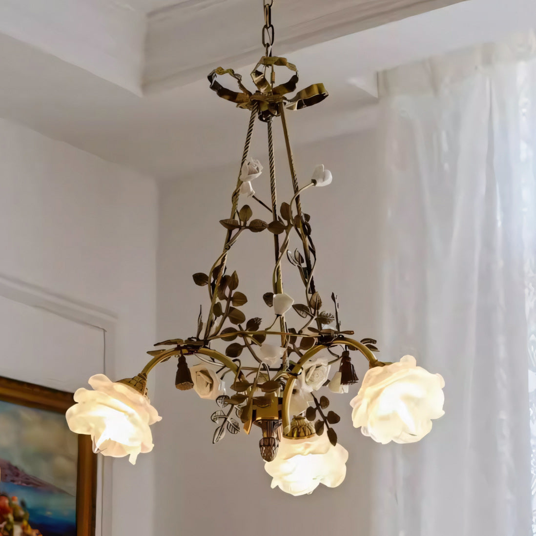 Briar Rose Chandelier - Vintage Brass Vine & Ceramic Floral Glass Chandelier