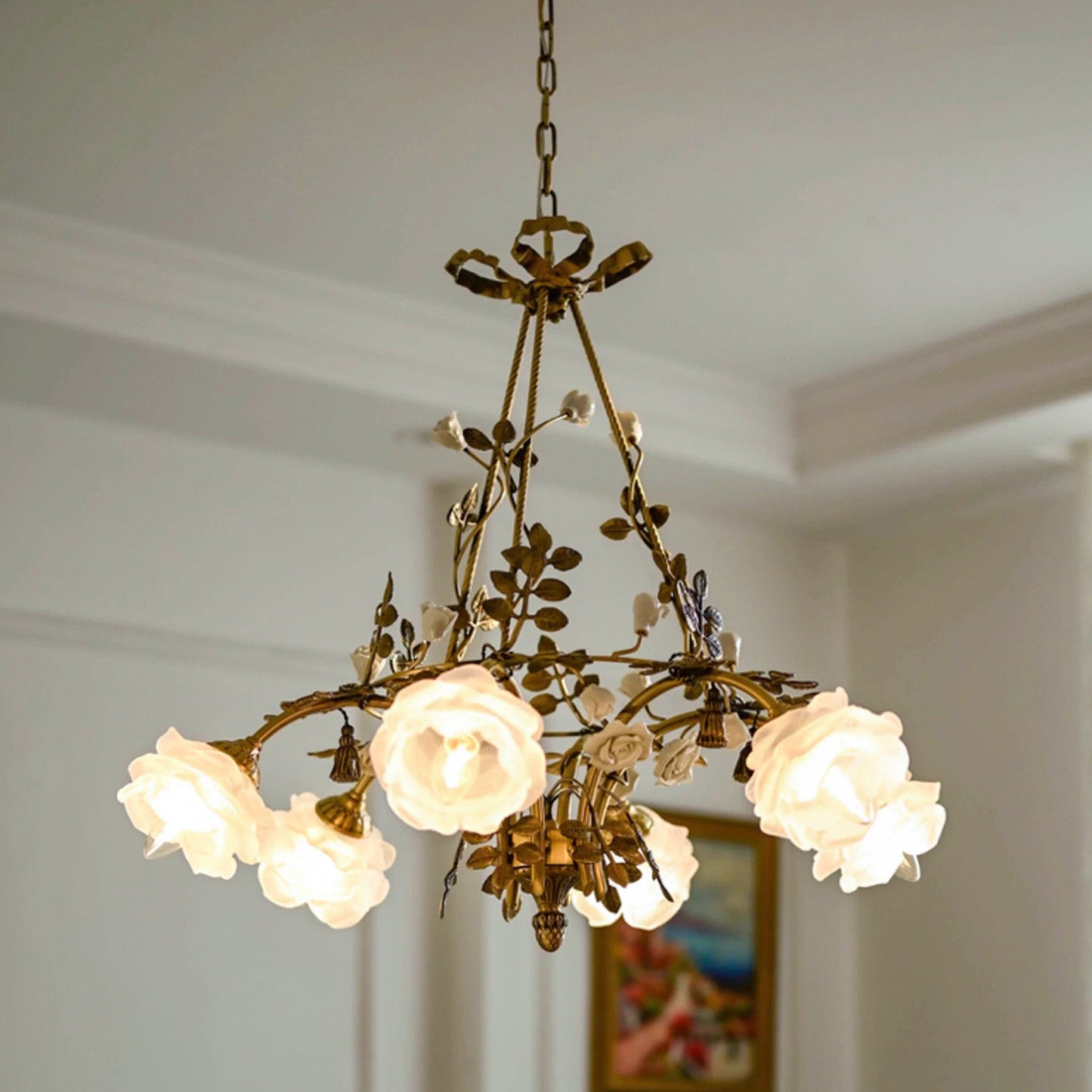 Briar Rose Chandelier - Vintage Brass Vine & Ceramic Floral Glass Chandelier