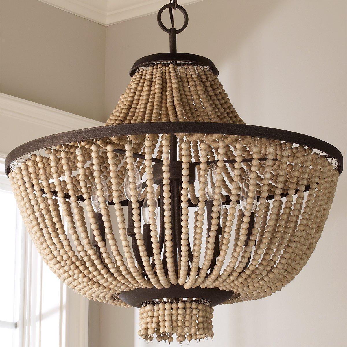 Brisbane Chandelier - Coastal French Country Wood Bead & Iron Pendant
