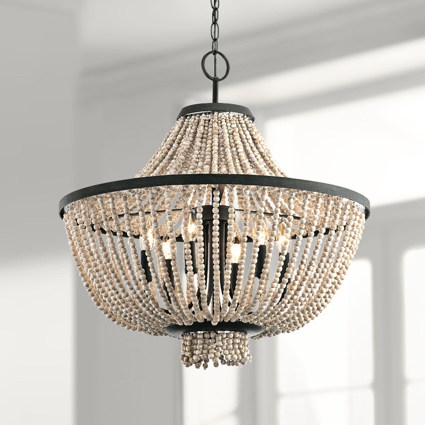 Brisbane Chandelier - Coastal French Country Wood Bead & Iron Pendant
