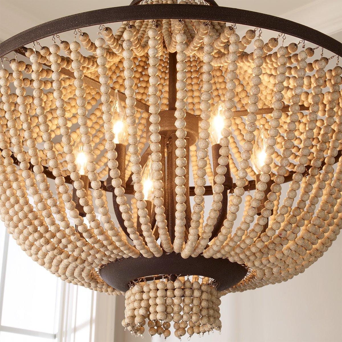 Brisbane Chandelier - Coastal French Country Wood Bead & Iron Pendant